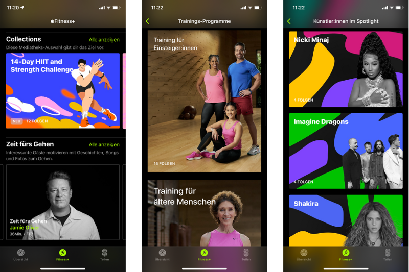 Screenshot Apple Fitness + Collections, Trainingsprogramme und Künstler